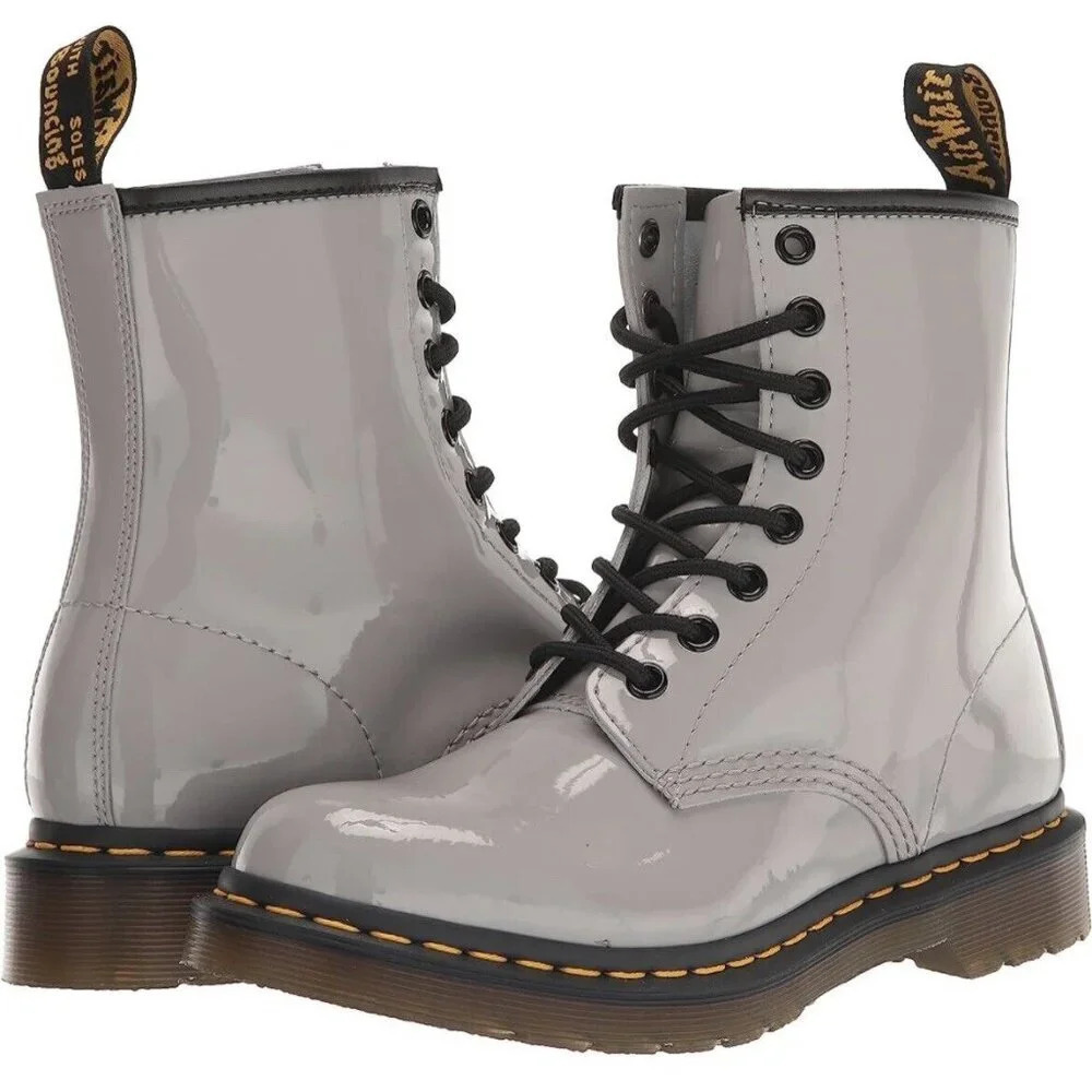 Dr. Martens 1460 Women's Gray Patent Leather Lace-up Combat Boots. Sz: 10